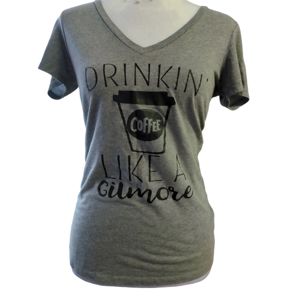 Kavio Tops - Kavio! T-shirt color Gray with Design Drinking Coffee Like A Giumore size small